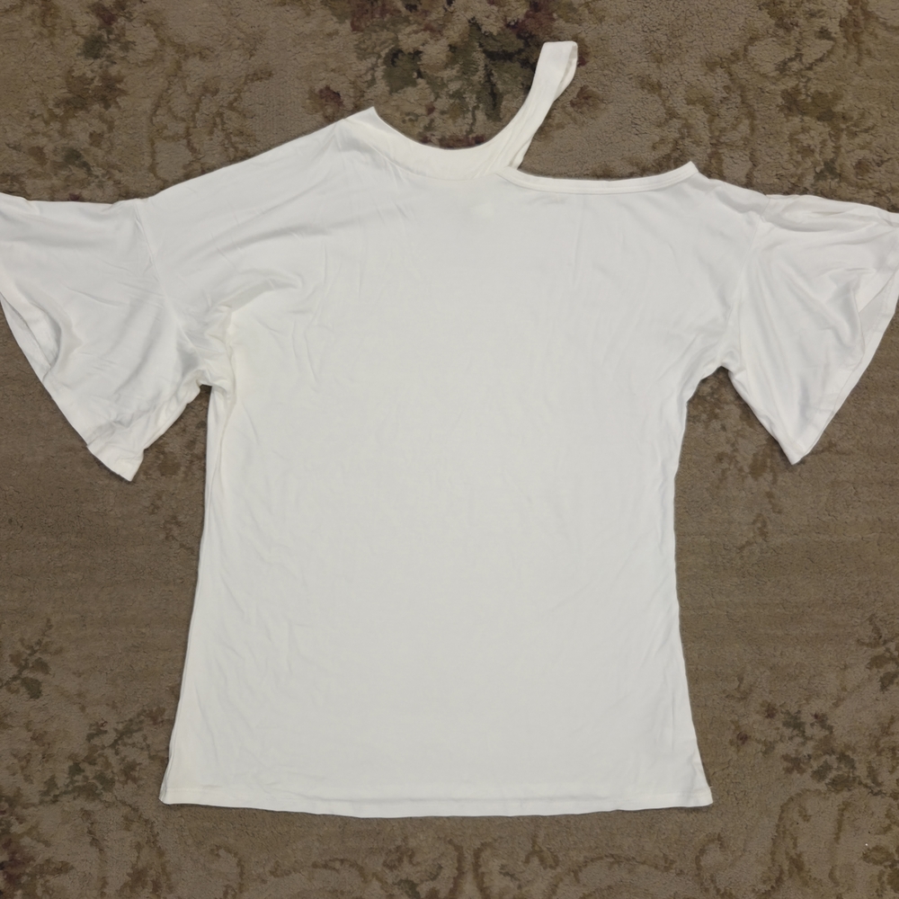 Magic Fit White Short Bell Sleeve Top Witb Shoulder Strap Accent Size Large